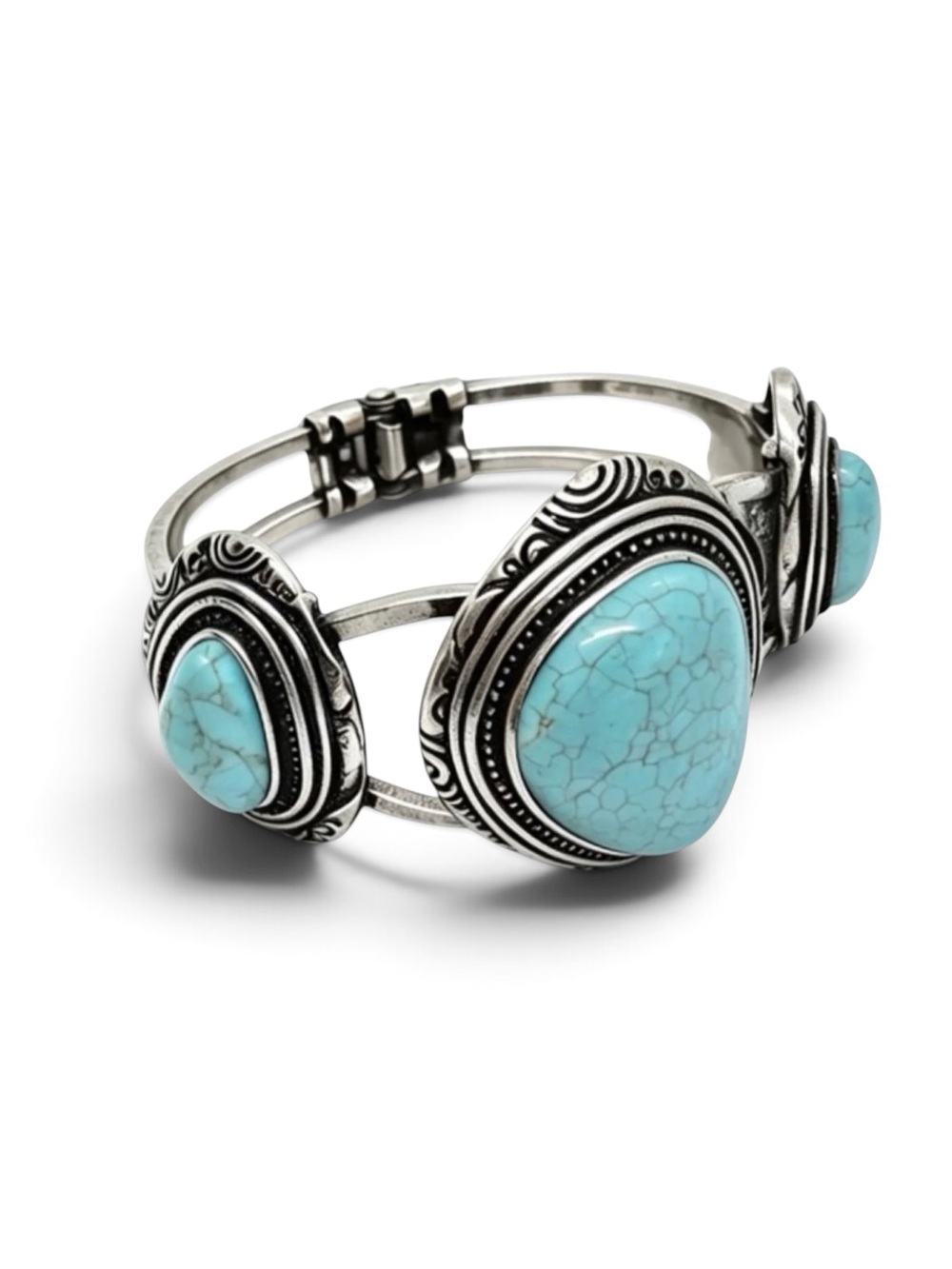Turquoise Howlite Hinged Bangle Bracelet Vintage Silver Boho Cuff